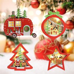 1Pcs Led Lights Wooden Car Christmas Tree Star Wooden Glowing Pendant Chritmas Tree Hanging Ornament Home Party Christmas Decor307M