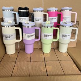 Designer Colour 40oz Water Bottles With Handle Car Mugs Large Capacity Insulated Cups Frosted Lids and Straws Stainless Steel Coffee Tumbler Termos Cup 1.18L