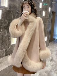 Women's Fur 2023 Fashion Winter Coat Faux Collar Cashmere Wool Woolen Women Jacket Luxury Outerwear Ladies Elegant