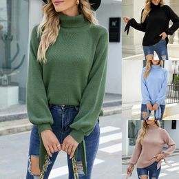 Women's Sweaters Solid Color High Neck Long Sleeve Knit Sweater Pullover Cropped Tops Off Shoulder Casual Loose Jumper Knitwear