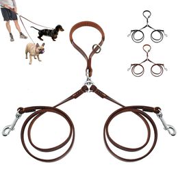 Dog Collars Leashes 2 Ways Dog Leash Double Two Pet Leather Leads NoTangle Coupler With Handle for Walking and Training 2 Small Medium Dogs 231212