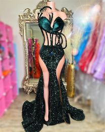 Emerald Green Sweetheart Long Prom Dress For Black Girls Sparkly Sequined Birthday Party Dresses Pleats Formal Gown High Slit Ba