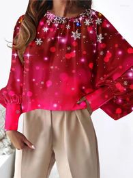 Women's Blouses Fashion Casual Top Long Sleeve Shirt O Neck Christmas Snowflake Print Female Elegant Office Party Shirts