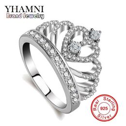 YHAMNI Luxury 925 Sterling Silver Rings Princess Queen Crown Engagement Ring Luxury CZ Diamond Authentic Sterling Silver Jewellery K285r