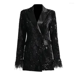 Women's Suits Women Sequin Double-Breasted Commuting Office Suit Jacket Autumn Winter Slim Long Top Sexy Female V Neck Party Shiny Outwear