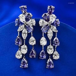 Stud Earrings Spring Qiaoer Elegant 925 Sterling Silver Sapphire High Carbon Diamond Gemstone Tassel Drop For Women Fine Jewellery