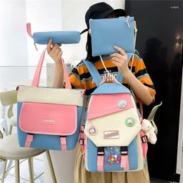 Backpack Kawaii 4-piece Set Fashion Women's Trend Badge Canvas School Bag For Girls Cute Pendant Contrast Colour Shoulde