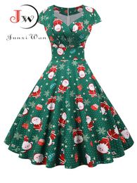 Basic Casual Dresses Christmas Party Dress Women Short Sleeve V Neck Elegant Vintage Print Xmas Year Prom Sundress 3XL Robe 231212