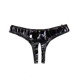 Open Crotch Leather Briefs Crochless Show Hips Knickers Hollow Out Bondage Panties Black Elastic Pants Erotica Lingerie sexy