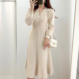 Casual Dresses Vintage Elegant Knitted Beige Midi Dress 2023 Autumn Long Sleeve Slim Woman Sweater One-Piece Pleated