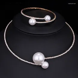 Choker Fashion Women Simple Simulated Pearl Bridal Jewellery Sets Crystal Wedding Necklace Bracelet Set H9