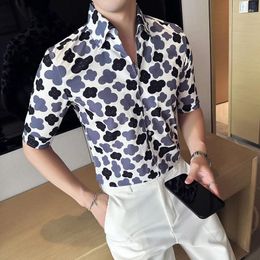 Men's Casual Shirts 2023 Summer Print Men Short Sleeve Slim Fashion V-neck Business Dress Social Streetwear Clothing