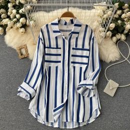Women's Blouses Women Fall Shirt Contrast Color Striped Print Long Sleeve Loose Lapel Single-breasted Patch Pocket Buttons Soft Commute Top