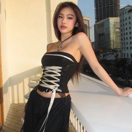 Women's Tanks Spring Fashion Sexy Pure Wind Cross Lace-up A Line Shoulder Slimming Chest Vest Woman