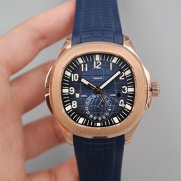 2022 5164 GMT Travel Time Automatic Mens Watch Rose Gold Blue Textured Dial Stick Number Markers Rubber Strap 5 Styles Watches Pur304U