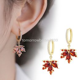 Zircon Red Maple Leaf Earrings Shiny Crystal Rhinestone Dangle Earrings Women Piercing Earring Fashion Party Jewellery Gifts Decor