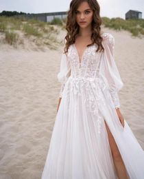 2024 Summer Boho Wedding Dress V-neck Backless Lace Appliques A-line Tulle Bridal Party Gown Custom Made For Woman Vestido De Noiva Robe Mariage