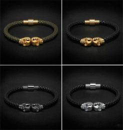 women men Mens Black Genuine Leather Braided Bracelet Men Stainless Steel For Women Gold skull Bangle for3242373