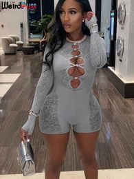 Women's Jumpsuits Rompers Weird Puss Sexy Playsuit Women See Through Hollow Diamond Summer Thin Long Sleeve Romper Stretch Midnight Party Clubwear WorkoutL231212