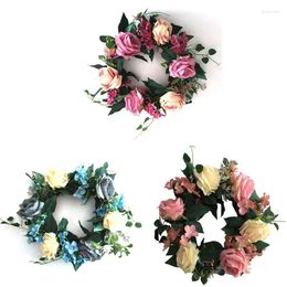 Decorative Flowers Artificial Blue Rose Wreath Spring Outdoor For Front Door