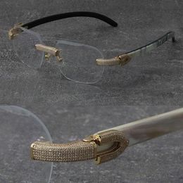 2022 New Black Mix White Buffalo Horn Frames Wood Eyewear Rimless Diamond set Glasses Men Women with C Decoration Rocks Wire 18K g3374