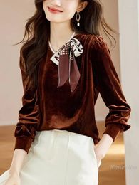 Women's Blouses European Style Gold Velvet Inner Wear Shirt Autumn Winter All-Matching Long Sleeve Scarf Bow Collar Brown Blouse Top