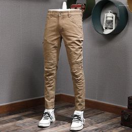 Men's Jeans Fashion Designer Men Khaki Spliced Stretch Slim Fit Denim Cargo Pants Hombre Hip Hop Elastic Trousers Overalls