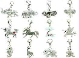 12pcsLot Mix White Rhinestone Elephants Horse Animal Charms Pendants With Lobster Clasp DIY For Jewellery Making Accessories4457765