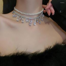 Choker Rhinestones Imitation Pearls Water Drop Necklace Fashion Double-layer Neck Chain Design Pendant Female