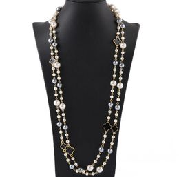 Fashion designer luxury classic vintage clover flower bright pearl multi layer long sweater statement necklace for woman elegant s5039065