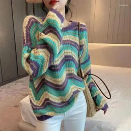 Women's Sweaters Korean Vintage Hollow Out Knitted Autumn Winter Round Neck Female Clothing Fashion Wave Cut Contrasting Colors Jumpers