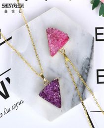 ShinyGem 2021 Natural HandmadePurplePink Druzy Pendant Necklaces Gold Plating Statement Triangle Pyramid Stone Trendy For Women7612104