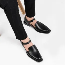 Dress Shoes Black Loafers For Men Buckle Strap Square Toe Business Sandals Pu Leather Size 38-46
