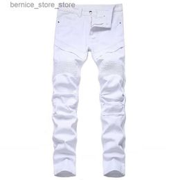 Men's Jeans Trendy Patchwork White Pleated Men's Slim Fit Biker Jeans Solid Long Denim Pants Men Clothing Casual Hombres Motorcycle Jeans Q231213