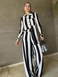 Women's Two Piece Pants Striped Long Sleeves Lapel Wide Leg Casual Set Autumn Black White Contrast Ladies Shirt Top Sets Clothes