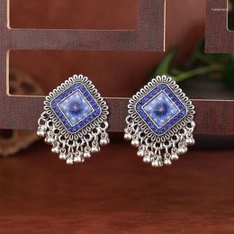 Stud Earrings Vintage Ethnic Square Drop For Women Boho Carved Flower Beads Tassel Jewelry Gift Wholesale