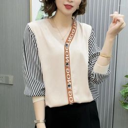 Women's Blouses Spring Autumn Striped Patchwork Blouse Korean Letter Button Female Screw Thread Contrasting Colors Casual V-Neck Loose Shirt