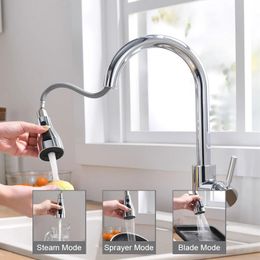Kitchen Faucets Brushed Nickel Pull Out Spout Stream Sprayer Head Cold Taps Sink Water Tap Deck Mounted Mixer 231211