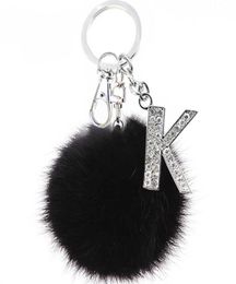 TEH y Black Pompom Faux Rabbit Fur Ball Keychains Crystal Letters Key Rings Key Holder Trendy Jewelry Bag Accessories Gift G10193302526