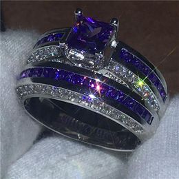 2018 Couple Anniversary ring Set 10KT White Gold Filled Engagement wedding band rings for women Purple 5A zircon Jewelry Gift214W