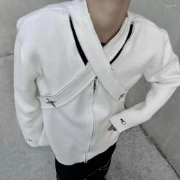 Men's Sweaters Mens Autumn Winter Y2k Metallic Knitted Sweater Genderless Shoulder Pads Two-Way Zipper V-Neck Street Cardigan Unisex