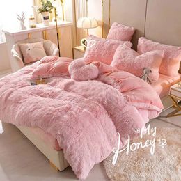 Bedding sets Luxury Winter Warm Long Plush Pink Bedding Set Queen Mink Velvet Double Duvet Cover Set with Fitted Sheet Warmth Quilt Covers 231211