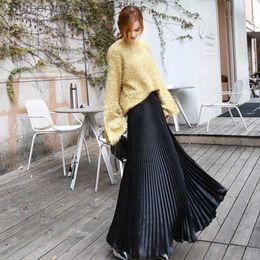 Skirts 2023 Vintage Silver black skirt metal solid flared Maxi Skirt Beach Long Pleated Skirts High waist fe quality women saiaL231212