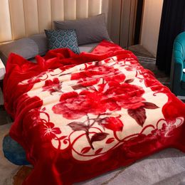 Blankets Wool blanket plush blanket extra large mink blanket silk soft and warm 2-layer A B printed Raschel bedding rose/peony 231212
