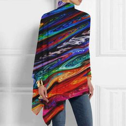 Women's Blouses Mid-length Polyester Top Colorful Artistic Print High Collar Blouse With Irregular Hem Soft Colorfast Fabric For Fall