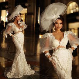 Ivory Mermaid Wedding Dresses Lace V Neck Puffy Long Sleeve Bride Dress Custom Made Pleats Bridal Gowns