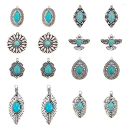 Pendant Necklaces Pandahall 16Pcs Mixed Shape Leaf Synthetic Turquoise Tibetan Style Alloy Pendants Charms For Necklace Earring Jewellery