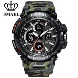 SMAEL Camouflage Military Watch Men Waterproof Dual Time Display Mens Sport Wristwatch Digital Analogue Quartz Watches Male 1708 210202L