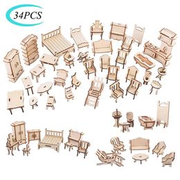 Doll House Accessories 34PCS Set 3D Wooden Puzzle Toy 1 12 Mini Wooden Furniture 3D Building Model Doll House Accessories DIY Children Educational Toys 231212