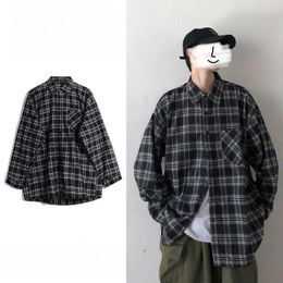 Men's Casual Shirts Men Vintage Plaid Shirt 2023 Loose Tops Long Sleeve Turn-down Button Up Korean Fashion Fall Outwear